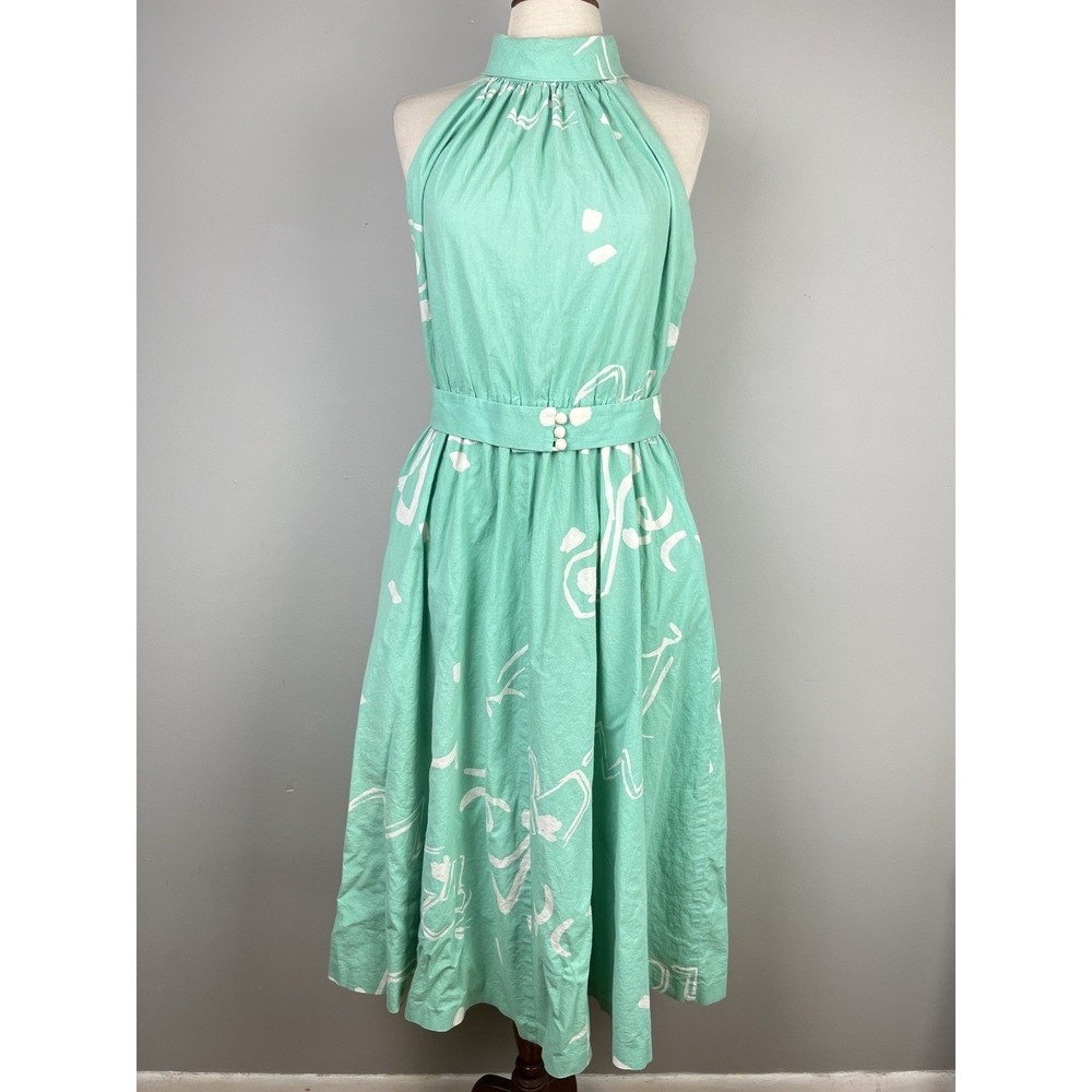 Lanz Originals Halter Dress Womens 14 Vintage 80s Aqua Green Belted Cotton